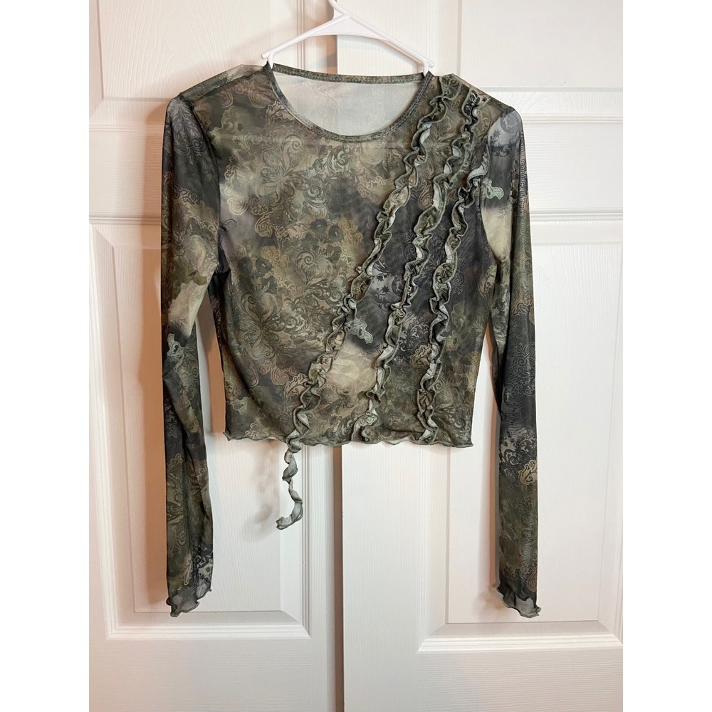 Green Paisley Mesh Ruffle Forest Fairy Long Sleeve Crop Top Crew Neck